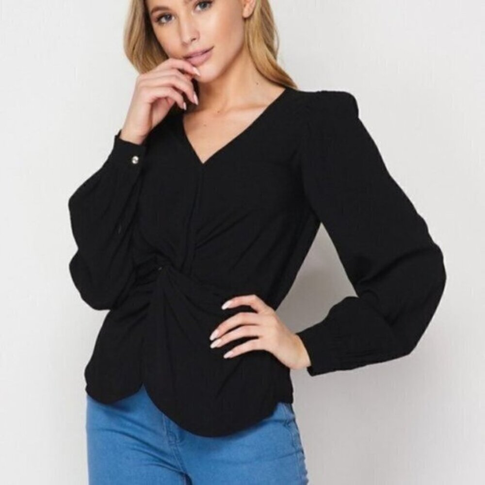 Chic Black Classic Long Sleeved twist Front Blouse